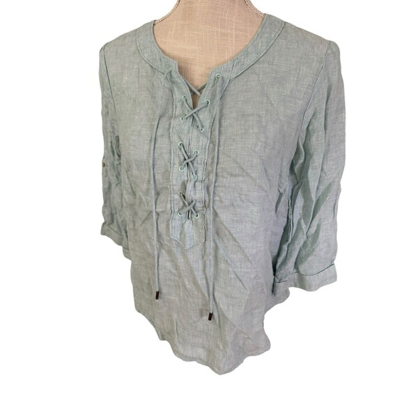 Maeve Anthropologie Linen Blouse‎ Top Shirt-Lace Up Front-Light Aqua-US Size 6 - Picture 1 of 9